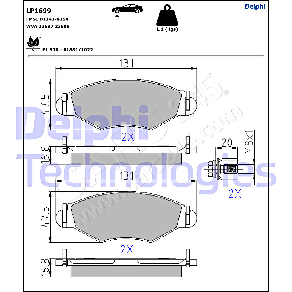 Brake Pad Set, disc brake DELPHI LP1699