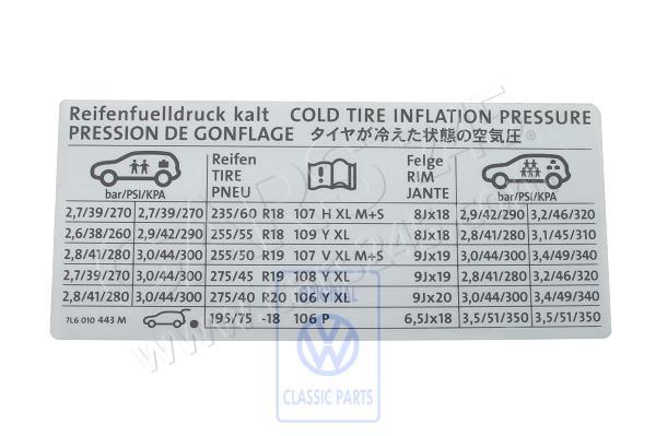 Data plate for tyre pressure Volkswagen Classic 7L6010443M