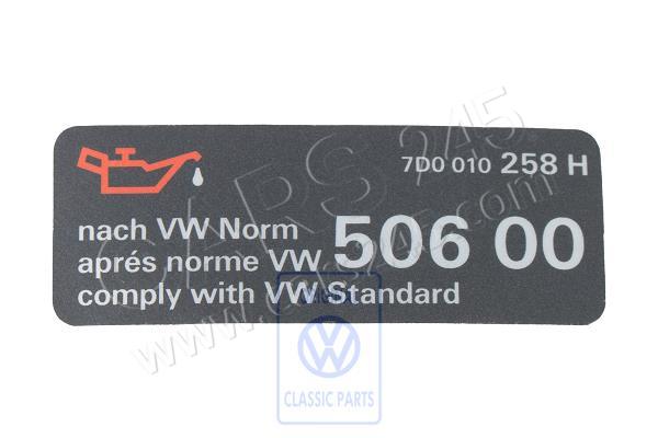 Sticker 'oil comply with vw standard' Volkswagen Classic 7D0010258H