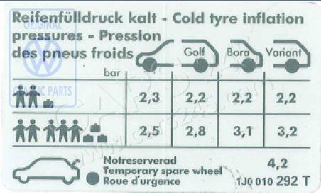 Data plate for tyre pressure Volkswagen Classic 1J0010292T