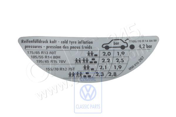 Data plate for tyre pressure 1.0 ltr. Volkswagen Classic 6N0010267