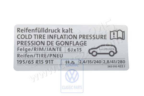 Data plate for tyre pressure Volkswagen Classic 2K0010422J