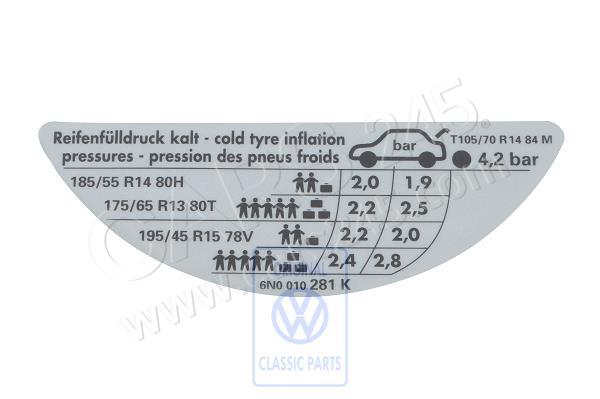 Data plate for tyre pressure 1.4ltr. Volkswagen Classic 6N0010281K